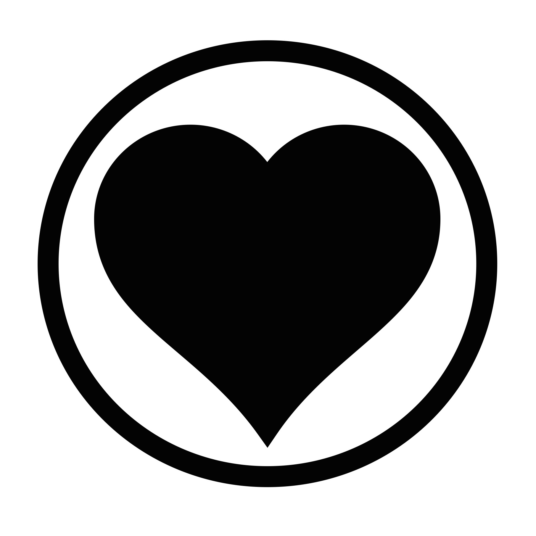 A black heart shape encircled on a white background.
