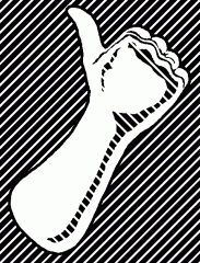 Right forearm with clenched hand making a thumbsup sign on a striped background with stripes running diagonally from right to left