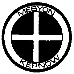 Round logo with Mebyon Kernow placed around a white cross on black background