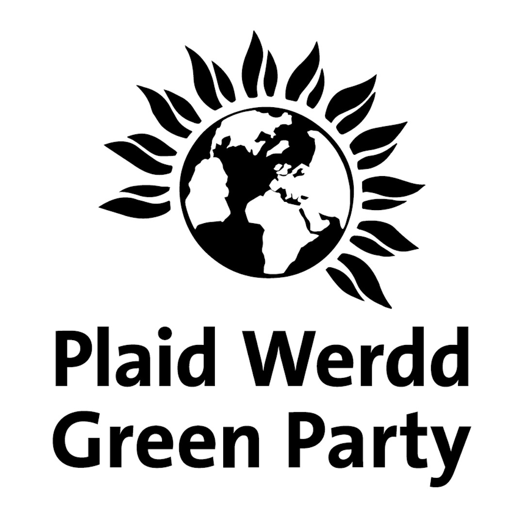 World with petals and Green party name English and Welsh