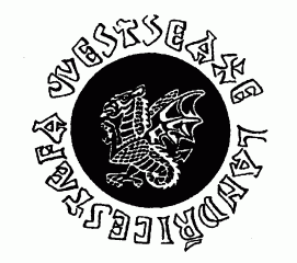 A crouching two legged Wyvern facing to the left: surrounded by a spiral gothic script bearing the legend "Westeaxe Landricestaefa": all in white on a black background